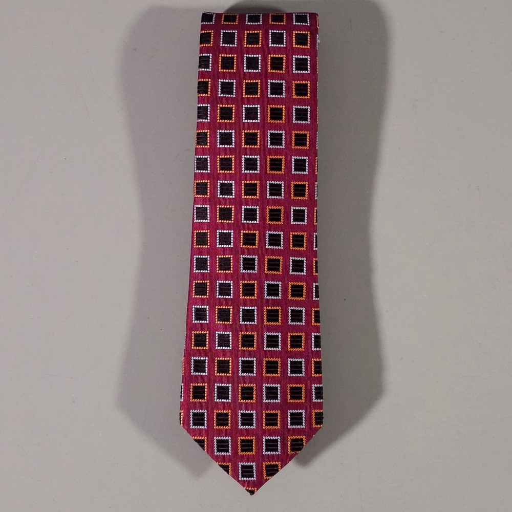 Peter Millar Necktie Mens OS Burgundy Red Geometric Square 100% Silk Hand Folded